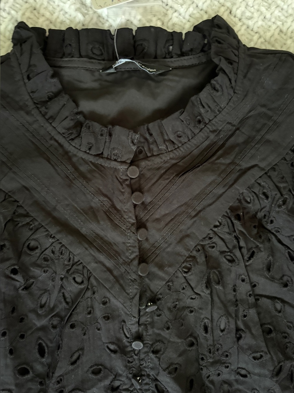 NWT Black Eyelet Top Pretty Garden Puff Sleeve Ruffled Trim Coquette Boho Tag: S - Picture 4 of 8